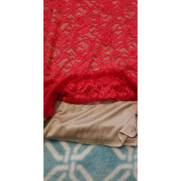 NEW LISTING! Red Nude Illusion Lace Mock Neck Dress - Picture 7 of 17